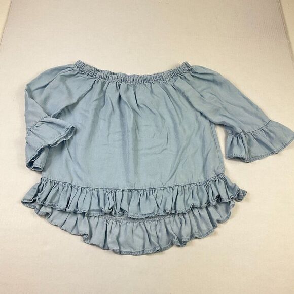 Jane and Delancey Off The Shoulder Top Blue Chambray 3/4 Sleeve Ruffled Shirt XS - Picture 1 of 11